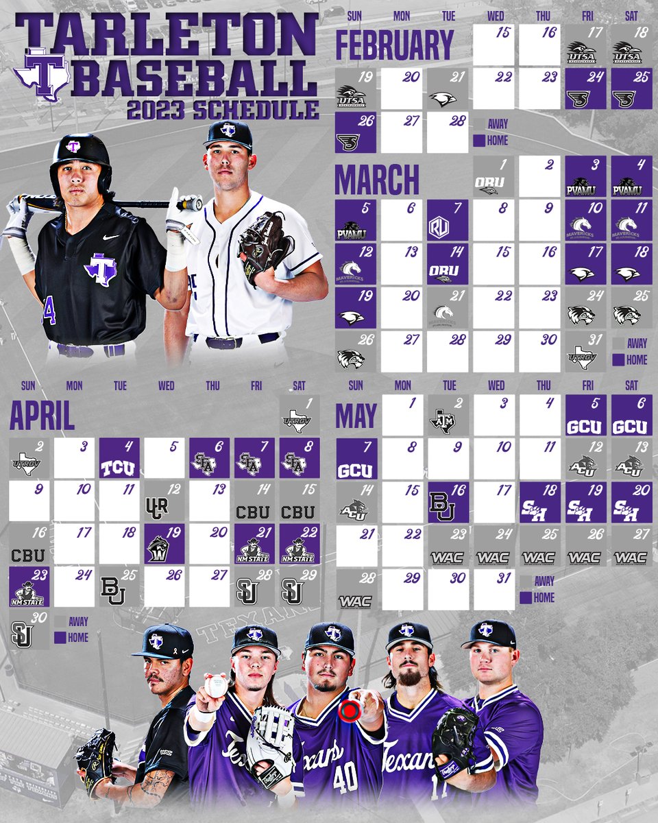 Presenting the 2023 Tarleton Baseball Schedule 🎬 We're pumped up for this season as we will host 30 games in the newly renovated Tarleton Baseball Complex 🏟😈 Full Schedule: bit.ly/3geLFRv #RideWithUs | #TexanNation