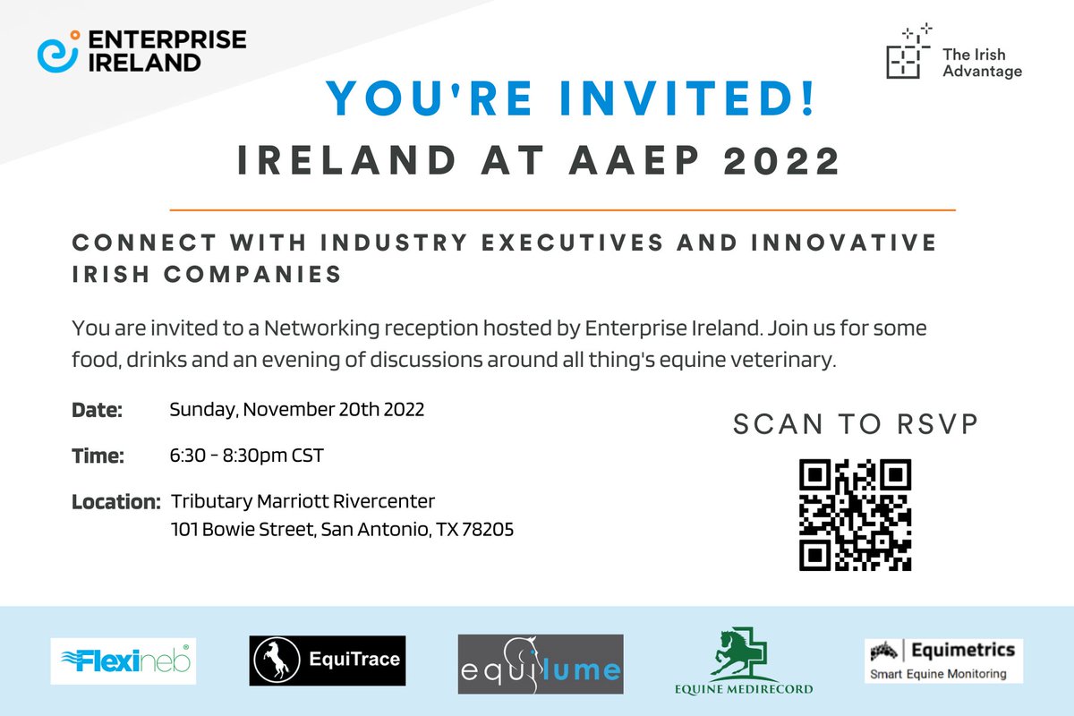 EI theUSA (@ei_theusa) on Twitter photo .<a href="/Entirl/">Enterprise Ireland</a> will host an evening reception this Sunday from 6:30-8:30 pm to discuss the latest innovations in the Equine Industry at <a href="/AAEPHorseDocs/">AAEP</a>.
Client companies @nortevltd, <a href="/EquineMediRec/">Equine MediRecord (EMR)</a> , @equitrace_app, Equimetrics, & <a href="/equilume/">Equilume</a> in San Antonio, TX.
aaep.org .<a href="/Entirl/">Enterprise Ireland</a> will host an evening reception this Sunday from 6:30-8:30 pm to discuss the latest innovations in the Equine Industry at <a href="/AAEPHorseDocs/">AAEP</a>.
Client companies @nortevltd, <a href="/EquineMediRec/">Equine MediRecord (EMR)</a> , @equitrace_app, Equimetrics, & <a href="/equilume/">Equilume</a> in San Antonio, TX.
aaep.org