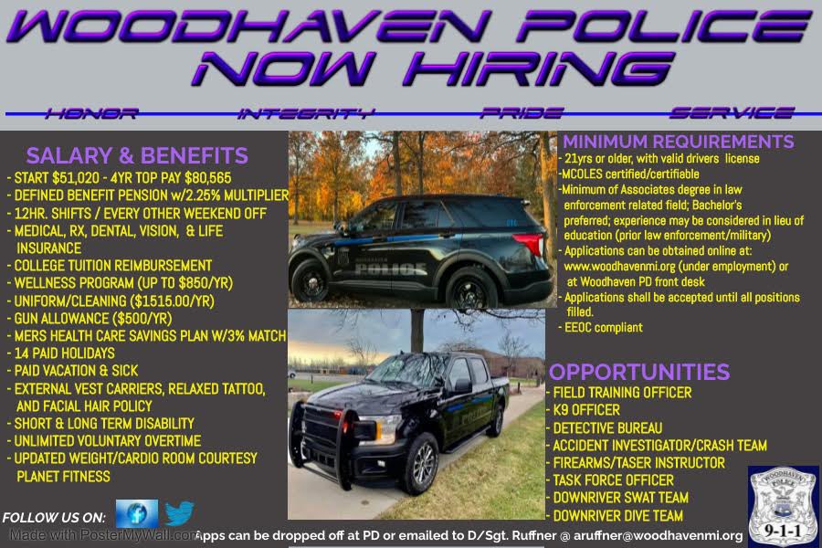 WoodhavenPolice's tweet photo. The Woodhaven Police Department is a highly motivated, community oriented Police Department seeking qualified candidates to join our team.

Apps may be picked up at the Woodhaven
PD or obtained on line at

https://t.co/YKzGVNLwKv

Mail or drop off Applications at the Woodhaven PD https://t.co/9GI7hze5KT
