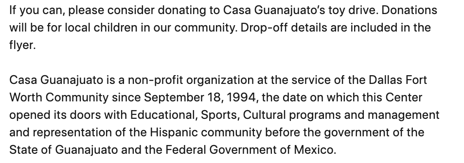 rayoplanning's tweet photo. Our friends at Casa Guanajuato are accepting donations for their Toy Drive now through December 15th. Please consider donating! https://t.co/Mcsff2OWsx
