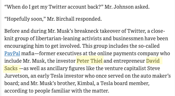 Elon’s key influences are the “PayPal Mafia” capos, Peter Thiel & David Sacks