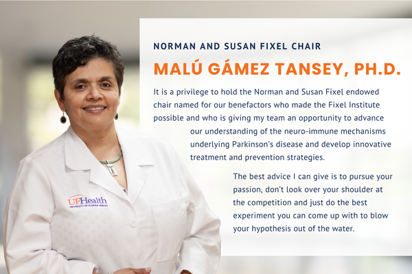 FixelInstitute's tweet photo. Dr. @MaluTansey received the Norman and Susan Fixel Chair at the @UFMedicine 2022 Celebrating Distinction ceremony in October. 

Read what the honor means to Dr. Tansey and her advice for future and current trainees in the field of neuroscience.

🧵 (1/2) https://t.co/MZ04P6ciwb