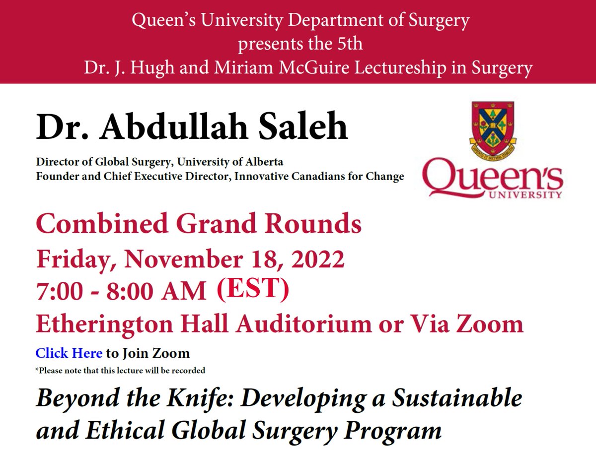 Office of Global Surgery, University of Alberta (@uaogs) on Twitter photo Dr. Abdullah Saleh, Director of the <a href="/UAOGS/">Office of Global Surgery, University of Alberta</a>, will be speaking tomorrow at 8:00am EST <a href="/queensu/">Queen's University</a> about "Developing a #Sustainable and #Ethical #GlobalSurgery Program". See details below and email for zoom link: kgh.departmentofsurgery@kingstonhsc.ca
<a href="/queensUHealth/">Queen's Health Sciences</a> <a href="/KingstonHSC/">KingstonHSC</a> Dr. Abdullah Saleh, Director of the <a href="/UAOGS/">Office of Global Surgery, University of Alberta</a>, will be speaking tomorrow at 8:00am EST <a href="/queensu/">Queen's University</a> about "Developing a #Sustainable and #Ethical #GlobalSurgery Program". See details below and email for zoom link: kgh.departmentofsurgery@kingstonhsc.ca
<a href="/queensUHealth/">Queen's Health Sciences</a> <a href="/KingstonHSC/">KingstonHSC</a>