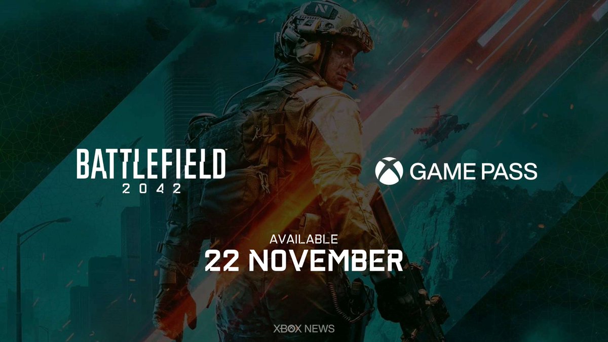 _XboxNews's tweet photo. Battlefield 2042 releases on Xbox Game Pass Ultimate on 22 November. https://t.co/vyIuj068Vr