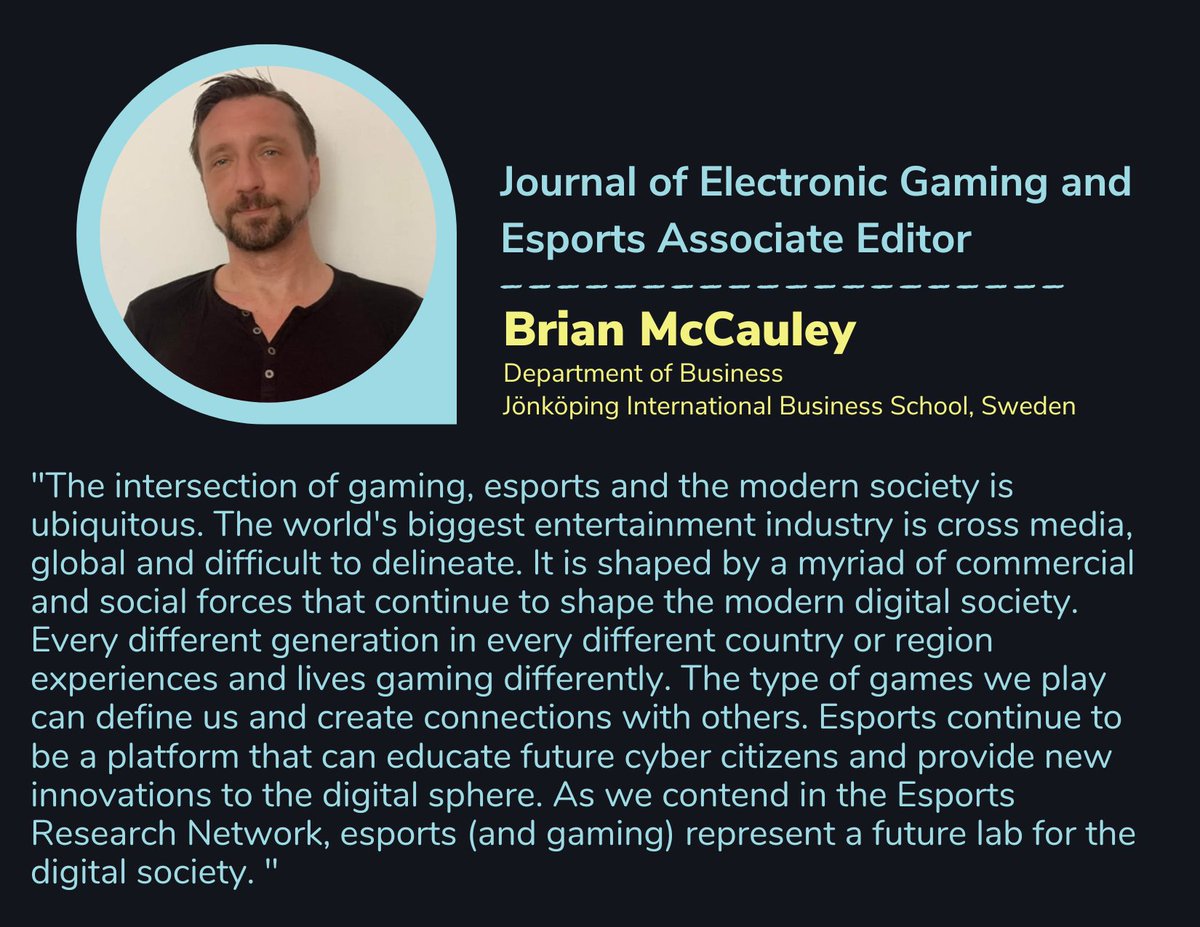 Journal of Electronic Gaming and Esports (@egaming_esports) on Twitter photo Join us in welcoming @DrBrianMcCauley as an Associate Editor! McCauley is an Assistant Professor <a href="/JonkopingUni/">Jönköping University</a> 🇸🇪 & researches grassroots #esports
Dr. McCauley has a published article on expanding #esports from online digital world to the physical world.
bit.ly/3AnNEtw Join us in welcoming @DrBrianMcCauley as an Associate Editor! McCauley is an Assistant Professor <a href="/JonkopingUni/">Jönköping University</a> 🇸🇪 & researches grassroots #esports
Dr. McCauley has a published article on expanding #esports from online digital world to the physical world.
bit.ly/3AnNEtw