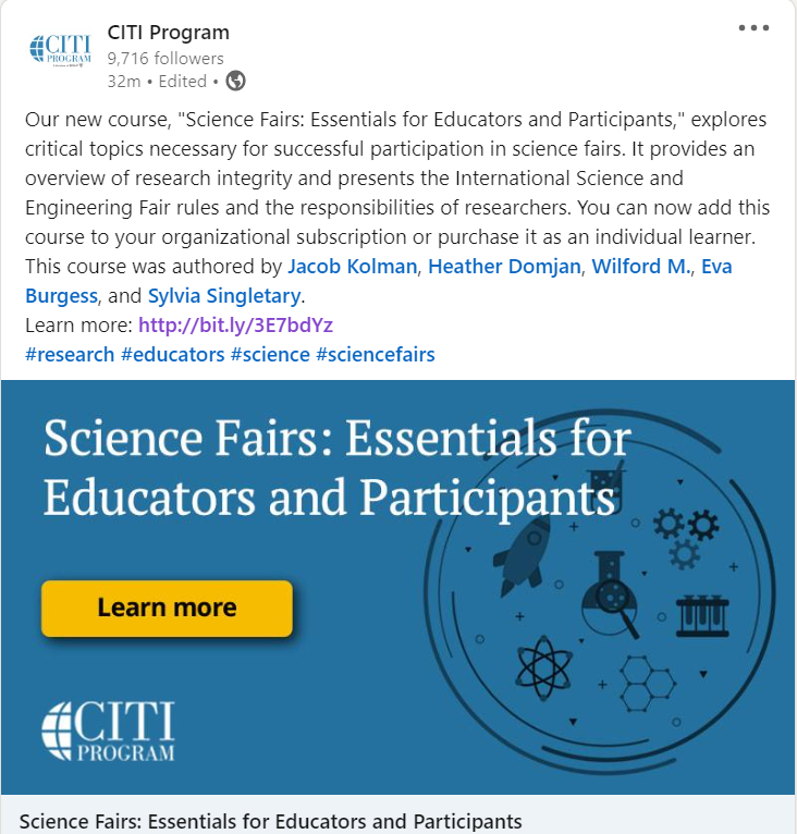 WilfordMiranda4's tweet photo. Through the help of CITI Program's leadership and amazing teammates, we designed a course that prepares students/teachers to effectively participate in the International Science and Engineering Fair. Learn more: https://t.co/cUdU0PntGu https://t.co/HJ9u6hZoQP