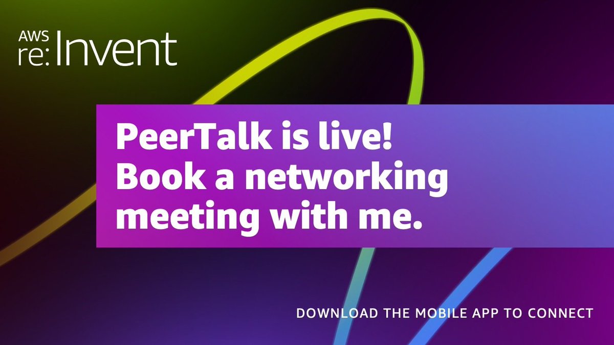 There's a new feature called PeerTalk in the <a href="/AWSreInvent/">AWS re:Invent</a> mobile app that allows you to connect with other attendees! Use it to find AWS experts (like me😂) and schedule a meeting! 

Example here:
youtube.com/watch?v=x_4DOw… 

Learn more here: reinvent.awsevents.com/peertalk
