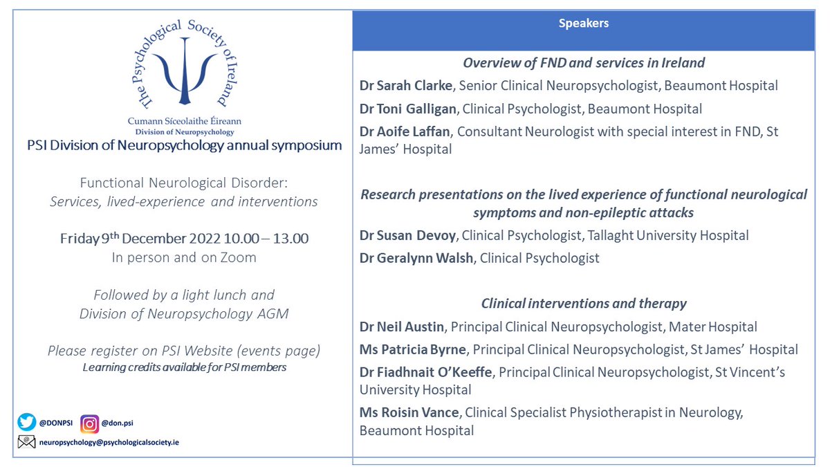 DONPSI's tweet photo. Our annual symposium is on #FND, Dec 9th. Check out this line up! Open to all healthcare professionals in-person and online. Limited in person spaces - pls only take a spot if you think you can really make it on the day 👍 #Neuropsychology

To Register:
https://t.co/RynmWUv75S https://t.co/dtGx5Oc42G