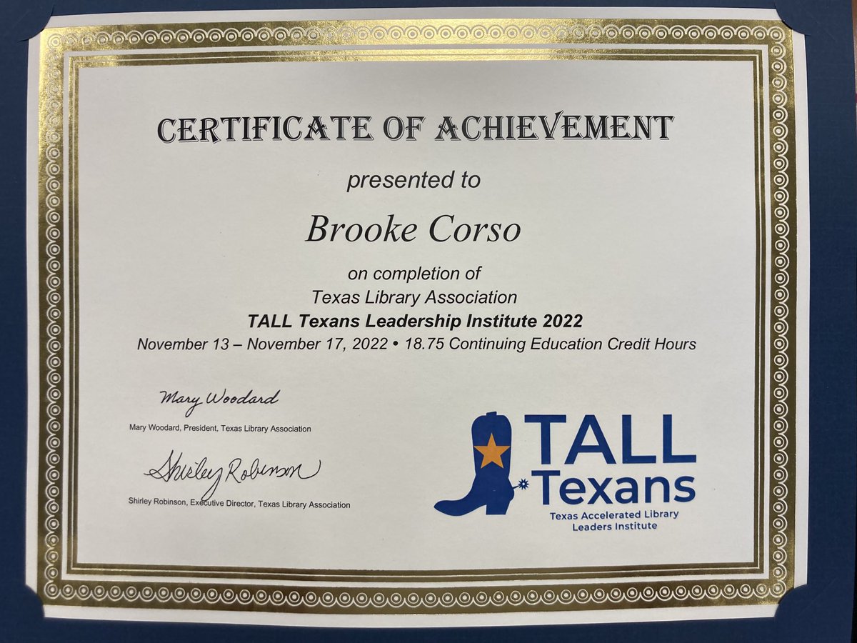 I’m a TALL graduate!👩‍🎓 ⁦@POMS_Principal⁩ TY TY TY for the opportunity to participate in such a wonderful exp for our library & students🥰 ⁦@HISDLibraryServ⁩ let’s help more libs apply next year!📚@TXLA⁩ TY for accepting me to #TALLTexans22 I learned so much!🤓