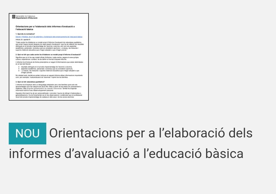SEBaixEmporda's tweet photo. Publicades orientacions per a l'elaboració dels informes d'avaluació a l'educació bàsica al nodes del nou currículum 👇👇
https://t.co/Z8tAq8OJzb https://t.co/mLUI9MmUei