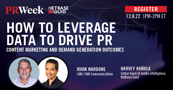 PRWeekUS's tweet photo. As modern PR professionals, we now have access to a wealth of data available at our fingertips. But how are you ensuring that you're maximizing its value &amp; communicating your insights for other departments within your organization? @NetBaseQuid
Register: https://t.co/F1lpjfvQiY https://t.co/WSwiuS4qzI