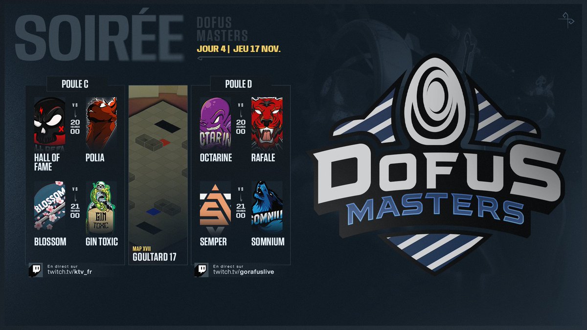 Poule C au programme, avec Hall of Fame contre Polia et un match up encore jamais vu au KTA entre Blossom et Gin Toxic !

twitch.tv/KTV_Fr
