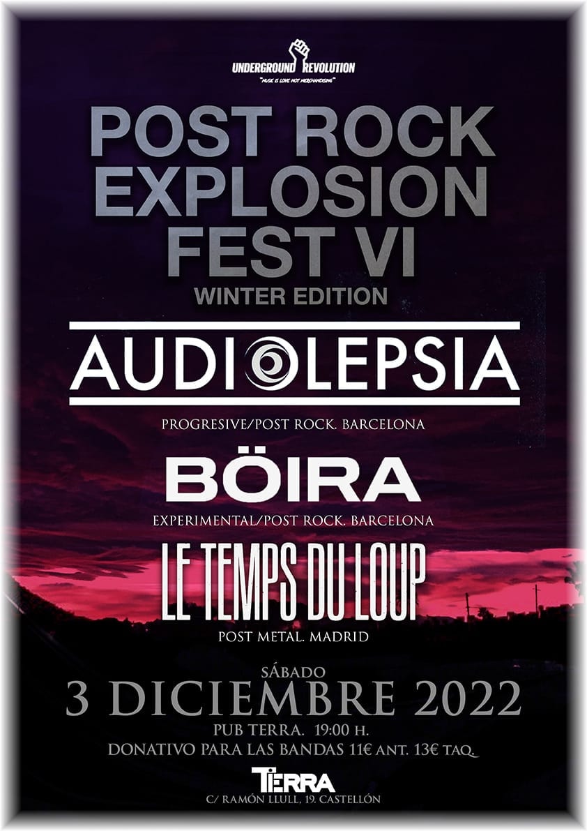 No seré el primero en anunciarlo 😅😉
Pero vuelve la edición de invierno del tradicional #postrockexplosion con 3 bandazas de mucho nivel, <a href="/boirapostrock/">Böira</a> , un asiduo visitante de estas tierras junto <a href="/Audiolepsia/">Audiolepsia</a> y @letempsduloup 
La noche promete,¡vente!
entradium.com/events/audiole…