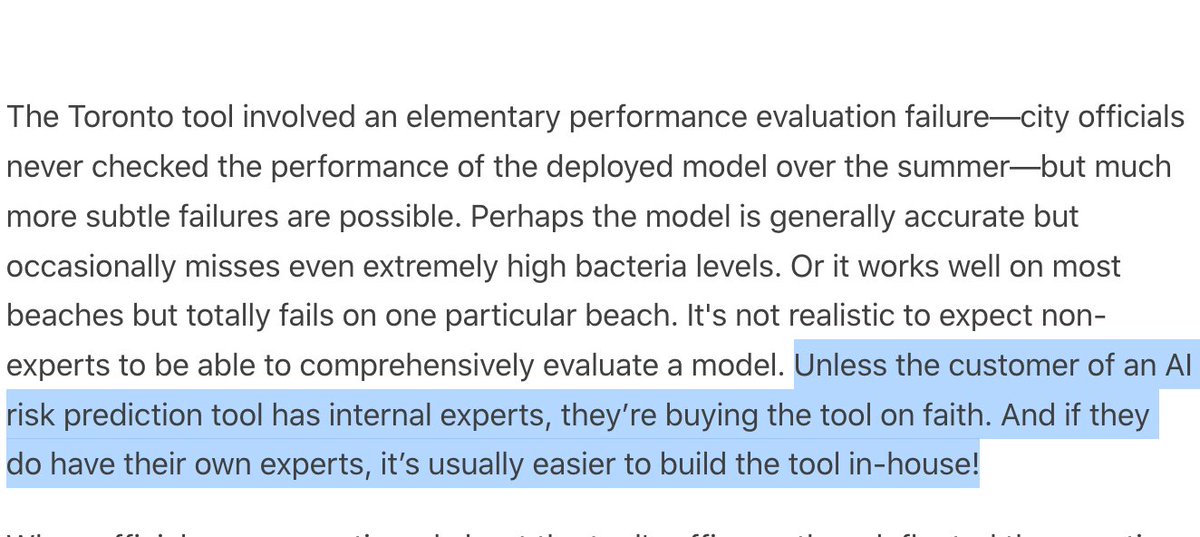 Arvind Narayanan (@random_walker) on Twitter photo <a href="/sayashk/">Sayash Kapoor</a> The hard part isn't building the model—it's assembling the data, evaluating performance, integrating it into existing workflows, and adding oversight. All those are site specific and manual. Buying a tool instead of building the model in-house only makes them harder! <a href="/sayashk/">Sayash Kapoor</a> The hard part isn't building the model—it's assembling the data, evaluating performance, integrating it into existing workflows, and adding oversight. All those are site specific and manual. Buying a tool instead of building the model in-house only makes them harder!