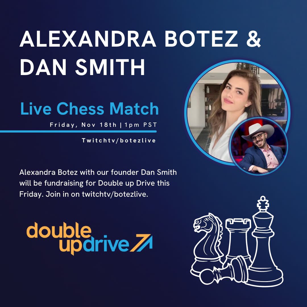 Tomorrow 1-4 pm PST will be streaming with <a href="/alexandrabotez/">Alexandra Botez</a> to raise money for <a href="/DoubleUpDrive/">Double Up Drive</a> ! 

Chess, Q and A, and obviously a bunch of shit talk. Come hang!

Trying to come up with a friendly  but slightly embarrassing punishment for the loser… any ideas?