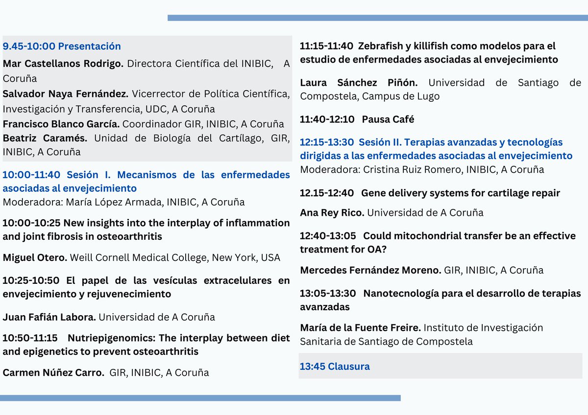 Bea Carames (@bcarper6) on Twitter photo El jueves 1 de Diciembre tendrá lugar el V Scientific Symposium "Aging and age-related diseases: from mechanisms to advanded therapies" organizado por el grupo de investigación en reumatología <a href="/girblanco1/">Grupo de Investigación de Reumatología (GIR)</a> INIBIC <a href="/UDC_gal/">Universidade da Coruña</a>. Os esperamos!
Registro: bit.ly/registration_a… El jueves 1 de Diciembre tendrá lugar el V Scientific Symposium "Aging and age-related diseases: from mechanisms to advanded therapies" organizado por el grupo de investigación en reumatología <a href="/girblanco1/">Grupo de Investigación de Reumatología (GIR)</a> INIBIC <a href="/UDC_gal/">Universidade da Coruña</a>. Os esperamos!
Registro: bit.ly/registration_a…
