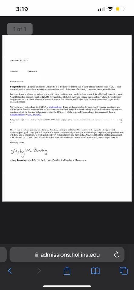 Blessed to be admitted to another sick University!! I am also thankful to the generous alumnae for awarding me with a $108,000 Hollins Recognition award! Can’t wait to see what the future holds!