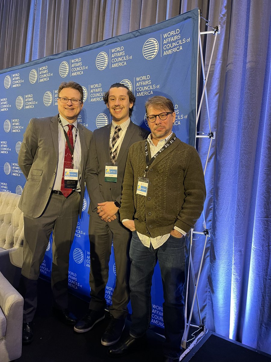worldoregon's tweet photo. Student scholar Max Garcia, @uoregon, joins our Director of Programs Tim DuRoche and President @DOlsenWorld @WACAmerica #WACA2022 #NavigatingAFracturedWorld. https://t.co/jRQWQqoSNj