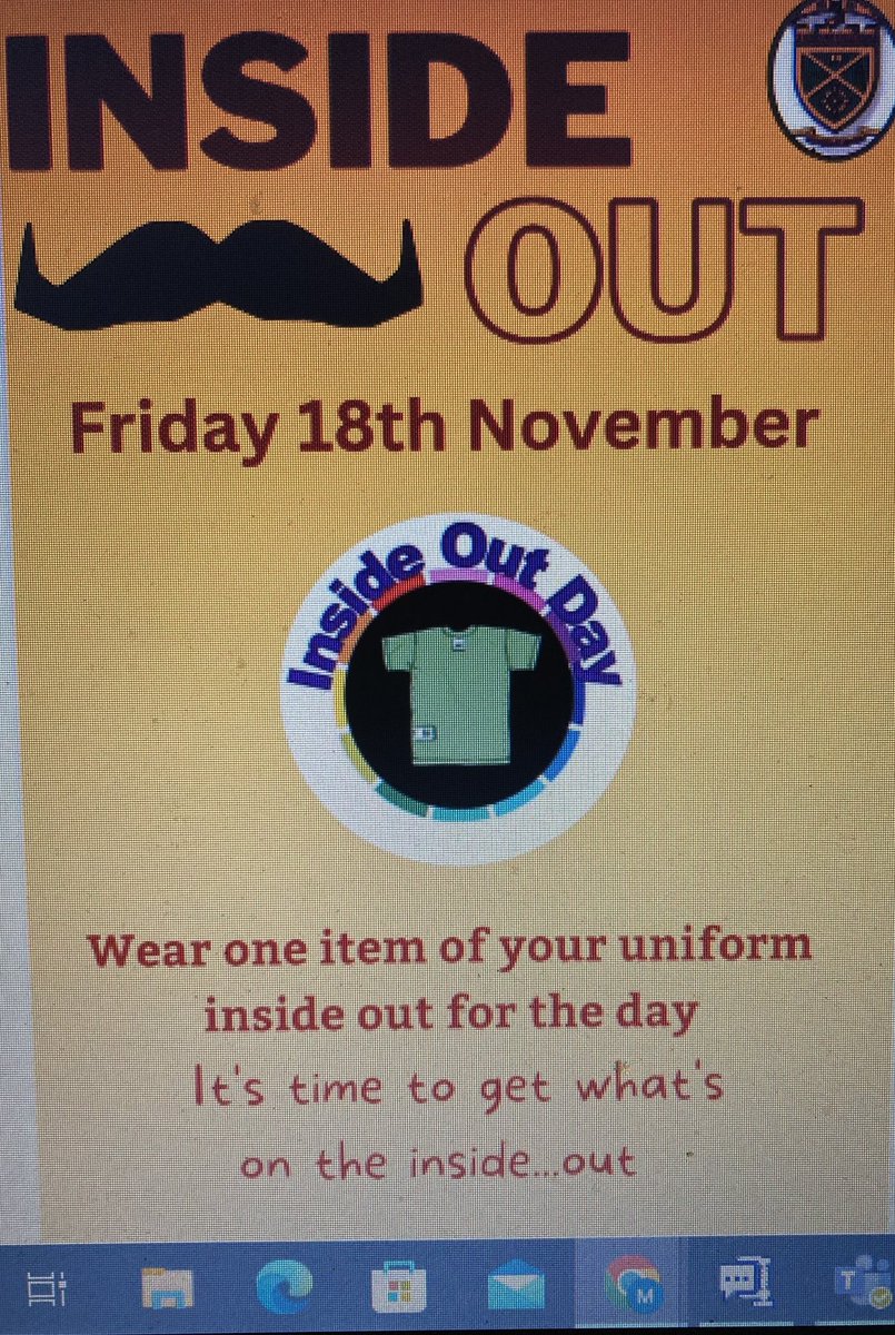 Tomorrow at St Modan’s High School is INSIDE OUT DAY for Movember. Reminder to all pupils and staff to wear a piece of uniform/clothing inside out to remind ourselves the importance of sharing anxious and worried thoughts and not to be afraid to seek support. #Movember