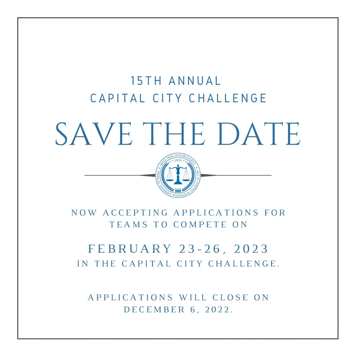 The 15th Capital City Challenge will be held on February 23-26 at the Washington College of Law in DC. Applications to compete are now OPEN and will close on Dec 6, 2022. Link to apply: forms.gle/etZxKhmmTSvaCz…