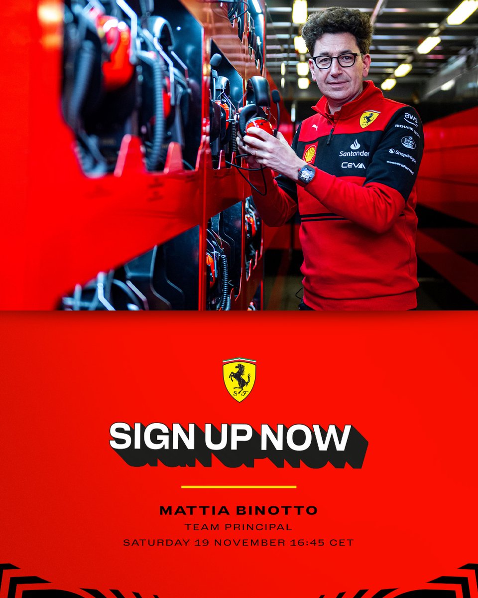 ScuderiaFerrariClub (@sferrariclub) on Twitter photo #Tifosi, per la nostra ultima Q&A della stagione ad Abu Dhabi, ci sarà il nostro Team Principal, Mattia Binotto 💪
🗓 19.11.2022
⏰ 16:45 CET
Per farne parte, iscrivetevi allo <a href="/SFerrariClub/">ScuderiaFerrariClub</a> più vicino a voi 🗺
🔗 scuderiaferrari.club
#essereFerrari 🔴 #AbuDhabiGP #Tifosi, per la nostra ultima Q&A della stagione ad Abu Dhabi, ci sarà il nostro Team Principal, Mattia Binotto 💪
🗓 19.11.2022
⏰ 16:45 CET
Per farne parte, iscrivetevi allo <a href="/SFerrariClub/">ScuderiaFerrariClub</a> più vicino a voi 🗺
🔗 scuderiaferrari.club
#essereFerrari 🔴 #AbuDhabiGP