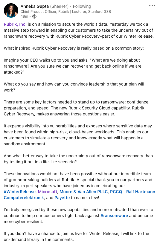 rubrikInc's tweet photo. A note from Rubrik Chief Product Officer, @AnnekaGupta! View Rubrik #WinterRelease on-demand here: https://t.co/LK5BHjFT7B https://t.co/JJBw3E6KWa
