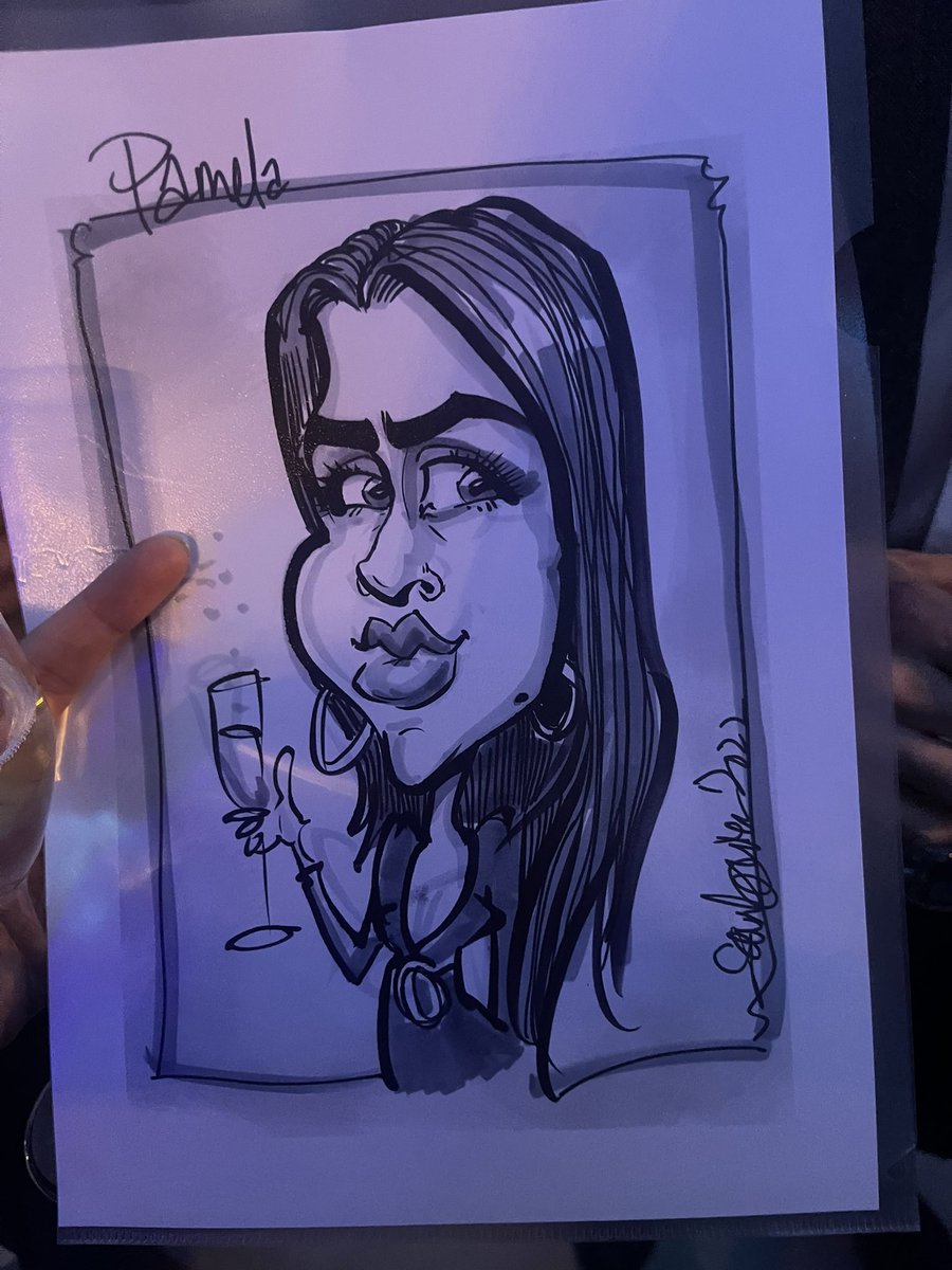 Attended <a href="/McLarensGlobal/">McLarensGlobal</a> 90th anniversary tonight and got a caricature drawn, think that glass of Prosecco represents me quite well.