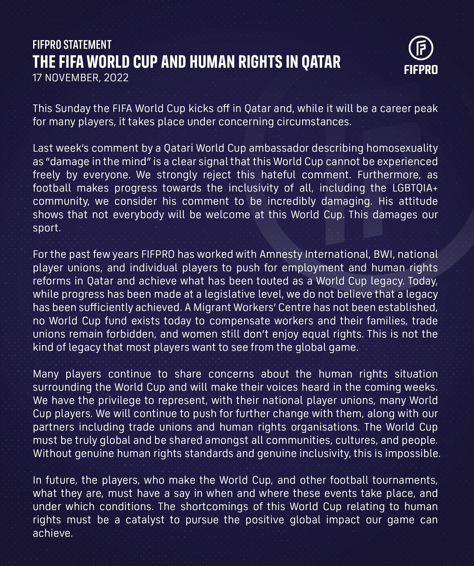 The FIFA World Cup and the Human Rights situation in Qatar - FIFPRO World  Players' Union