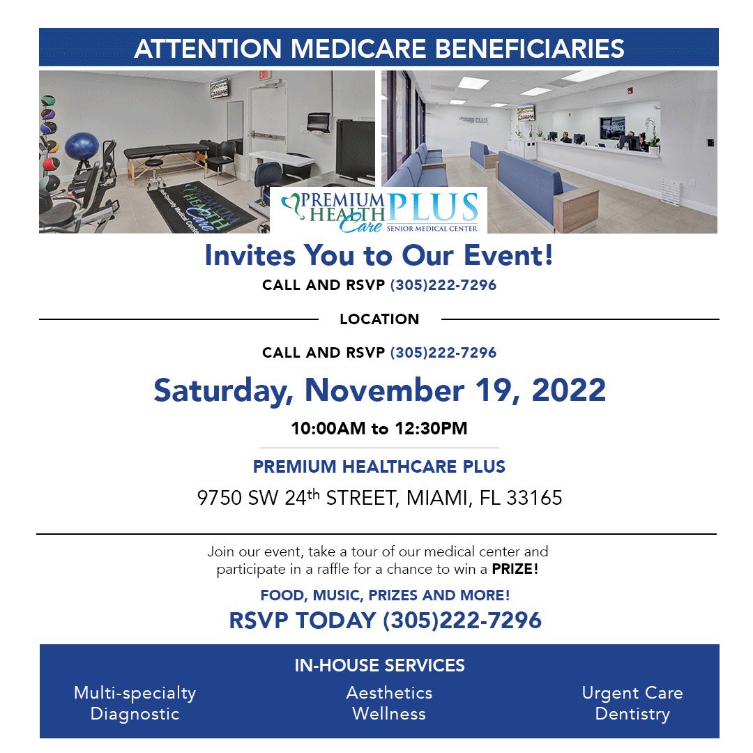 Join us this Saturday from 10:00 am - 12:30 pm.  Enjoy food, refreshments, music &amp; more!  If you’re 64 or older stop by to learn about the great benefits Premium Healthcare Plus offers.  9750 SW 24th Street in the heart of Miami.  Call today (305) 222-7296