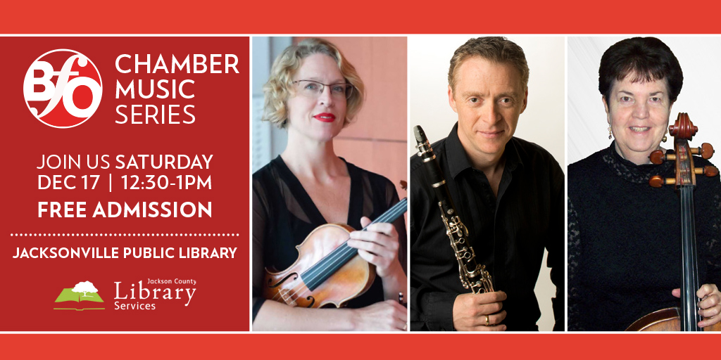 Members of the Britt Festival Orchestra, Renia Piotrowski-Shterenberg, violin, Ilya Shterenberg, clarinet, and Lisa Truelove, cello, performing a lunchtime concert of trios by Franz Joseph Haydn FREE December 17 @ 12:30 - 1:00 PM Jacksonville Public Library 340 West C Street