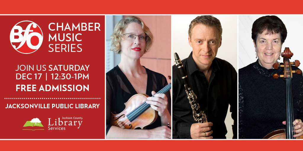 This Saturday Members of the Britt Festival Orchestra, Renia Piotrowski-Shterenberg, violin, Ilya Shterenberg, clarinet, and Lisa Truelove, cello, performing a lunchtime concert of trios by Franz Joseph Haydn FREE December 17 @ 12:30 PM Jacksonville Public Library 340 West C St