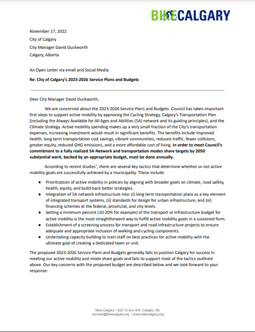 bikecalgary's tweet photo. Open letter to City Manager David Duckworth as well as the Offices of the Mayor &amp; Councillors. We have questions about active transportation spending the #yyccc budget. We look forward to responses from City Admin and City Council. https://t.co/VTe7AQpSEf