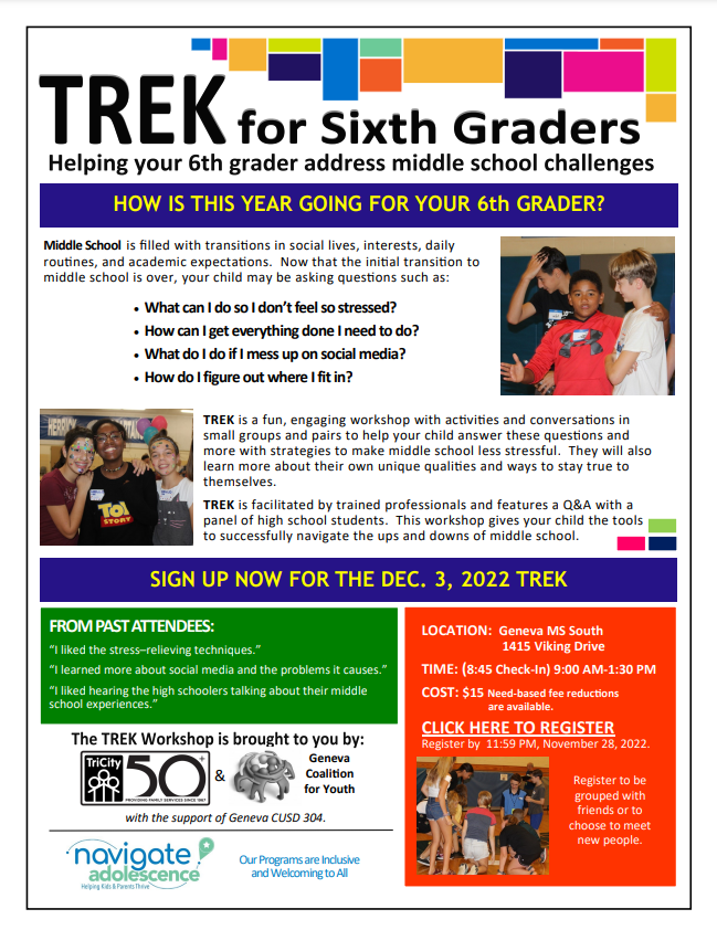 Is your middle schooler looking for a little guidance? 

It's a tough transition into 6th Grade. Learn more about how TREK can help your student. We've partnered with our friends at <a href="/Geneva304/">Geneva CUSD 304</a> and <a href="/TweetsTCFS/">TCFSGeneva</a> for a workshop in a few weeks.

#RocketFwd 🚀