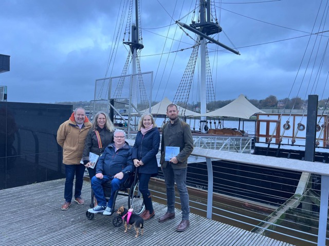 Greetings from New Ross, Ireland! Pictured here is Billy Byrne of Visit Wexford, Sean Connick of John F. Kennedy Trust, Lorde Connick, and Chris and Leigh from our team in front of the Dunbrody Famine Ship.