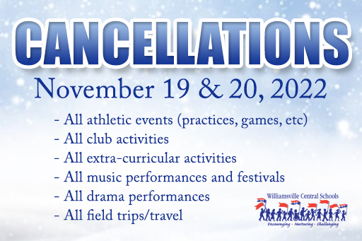 Due to the lake effect snow storm and inclement weather, there is NO SCHOOL on Friday, November 18th!

All events/activities after 6:30 p.m. are cancelled for November 17, 2022.

Full details on cancellations: williamsvillek12.org/news_detail_T2… (1/2)