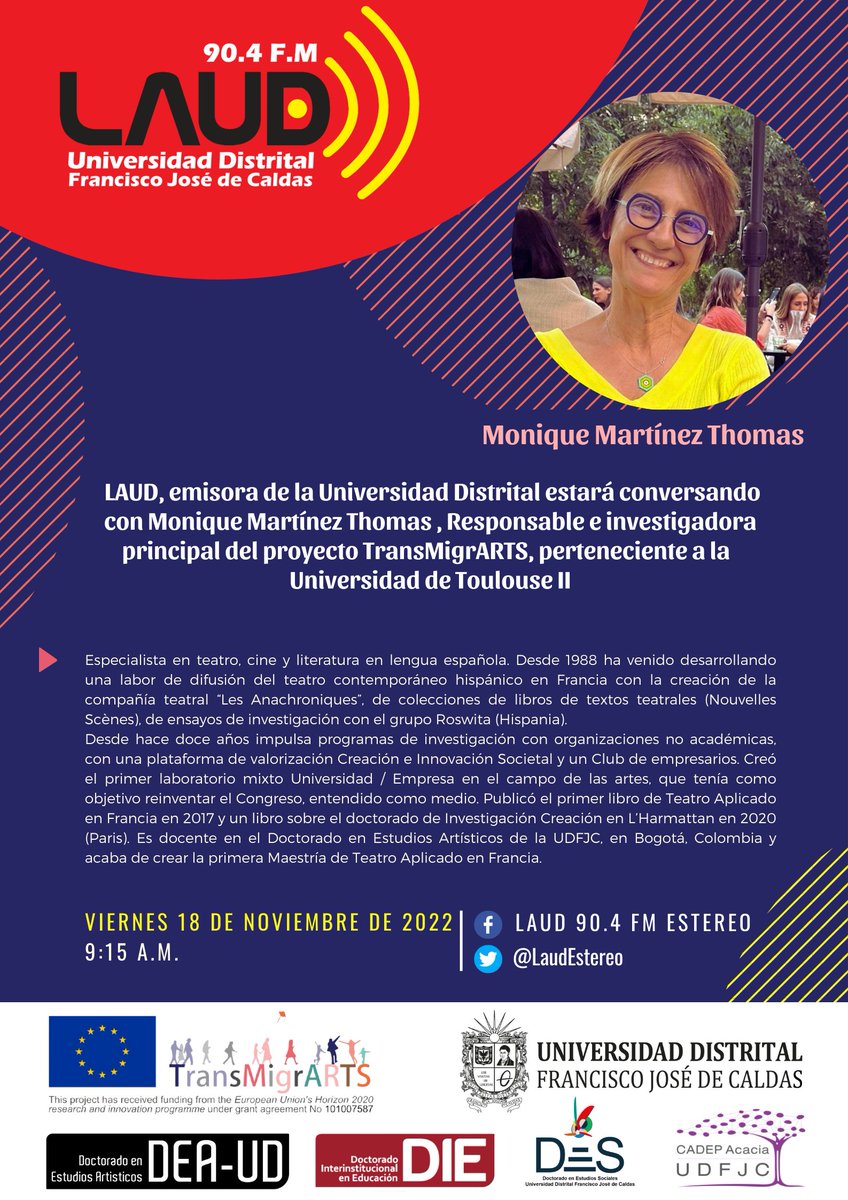 doctoradoArteUD's tweet photo. @LaudEstereo estará en conversación con la docente internacional invitada del Doctorado en Estudios Artísticos, Monique Martínez, quien dirige el Proyecto @TransMigrARTS: transformar la migración por las artes.

📅 viernes 18 de noviembre
🕕 9:15am
📌 Facebook de @LaudEstereo https://t.co/0UuRUlhaW0