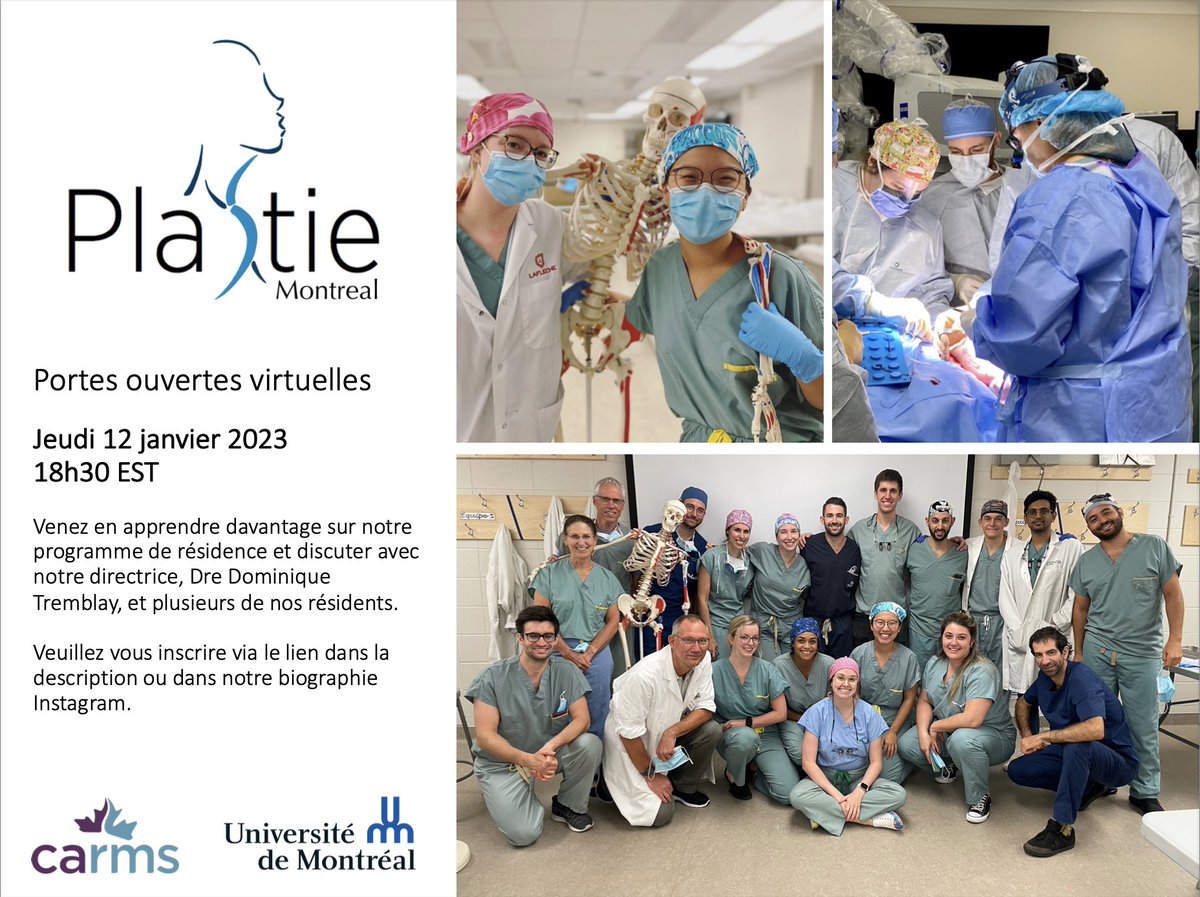 Il nous fait plaisir de vous inviter aux portes ouvertes virtuelles du programme de chirurgie plastique de l’Université de Montréal le 12 janvier 2023 à 18h30 EST. Au plaisir de vous rencontrer! Inscriptions: shorturl.at/DMR46 
#carms #carms2023 #plasticsurgery #residency