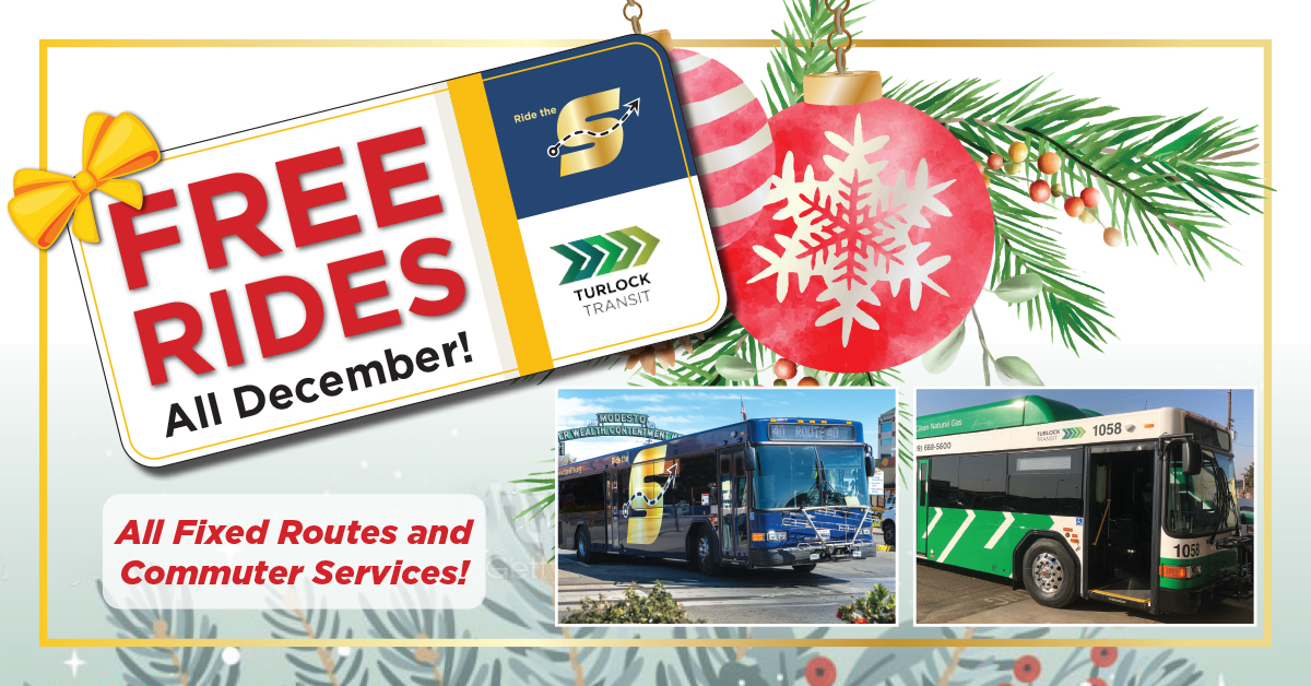 StanRTARideTheS's tweet photo. Jingle bells, jingle bells, all rides are free in December!
We’re still working on the song, but it’s true – Free Rides on The S and Turlock Transit Fixed-Route and Commuter Services this December! #RideTheS #TurlockTransit #FreeRides https://t.co/PrrelisQF1