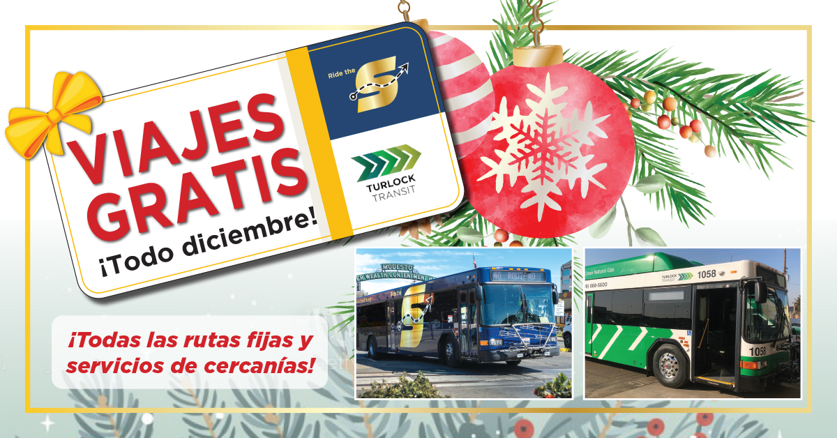 StanRTARideTheS's tweet photo. Jingle bells, jingle bells, all rides are free in December!
We’re still working on the song, but it’s true – Free Rides on The S and Turlock Transit Fixed-Route and Commuter Services this December! #RideTheS #TurlockTransit #FreeRides https://t.co/PrrelisQF1