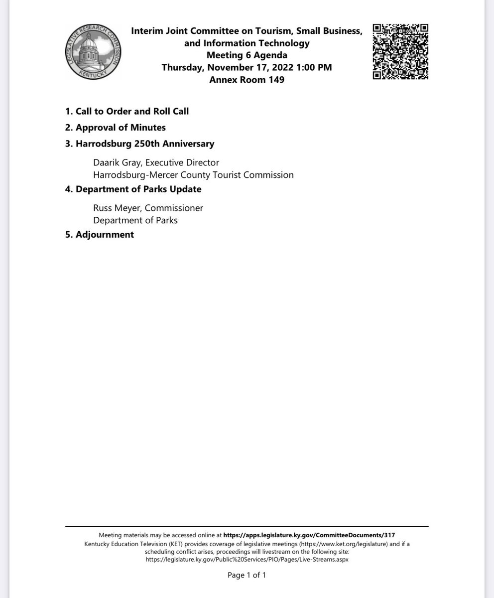 kyhousedems's tweet photo. The Interim Joint Committee on Tourism, Small Business and Information Technology is meeting this afternoon, with an agenda focused on Harrodsburg’s 250th anniversary and an update from @KYStateParks. https://t.co/tRELgiEu6c