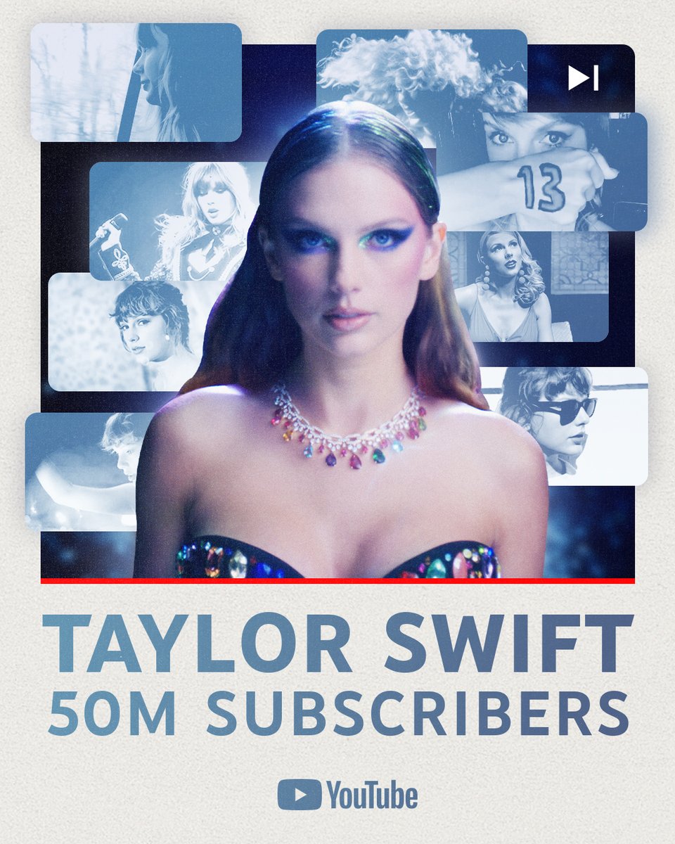 YouTube's tweet photo. from her first upload :-) to the #TSAntiHeroChallenge and every era in between, congratulations to @taylorswift13 on reaching 50 million subscribers on youtube! https://t.co/xo0VVznZQL