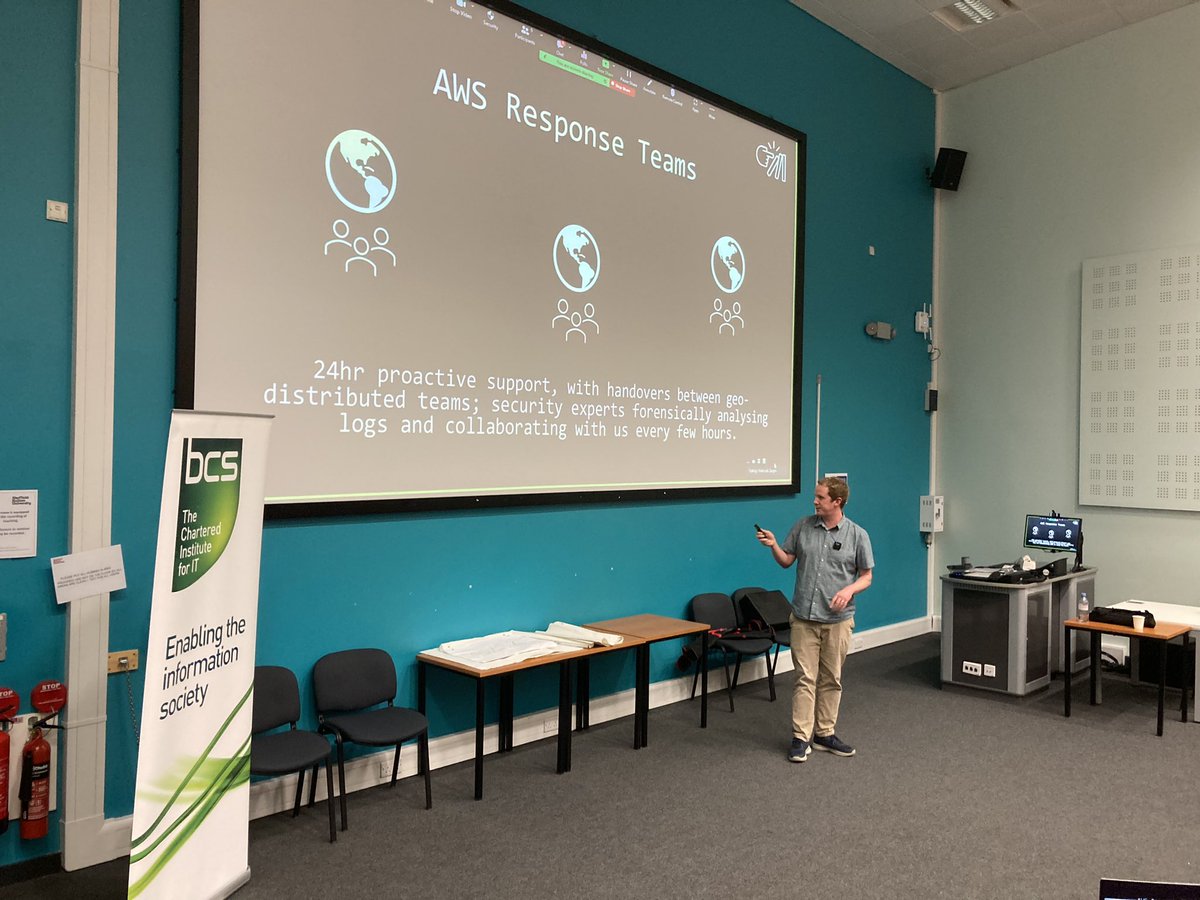 BCS_South_Yorks's tweet photo. Great turnout (despite the weather) for our hybrid event! Ben in full swing of the story of a potential data breach - having support from @awscloud ‘zip wire’ response teams #bcsEvent #cybersecurity #lessonsLearned https://t.co/cjsRkrD92S