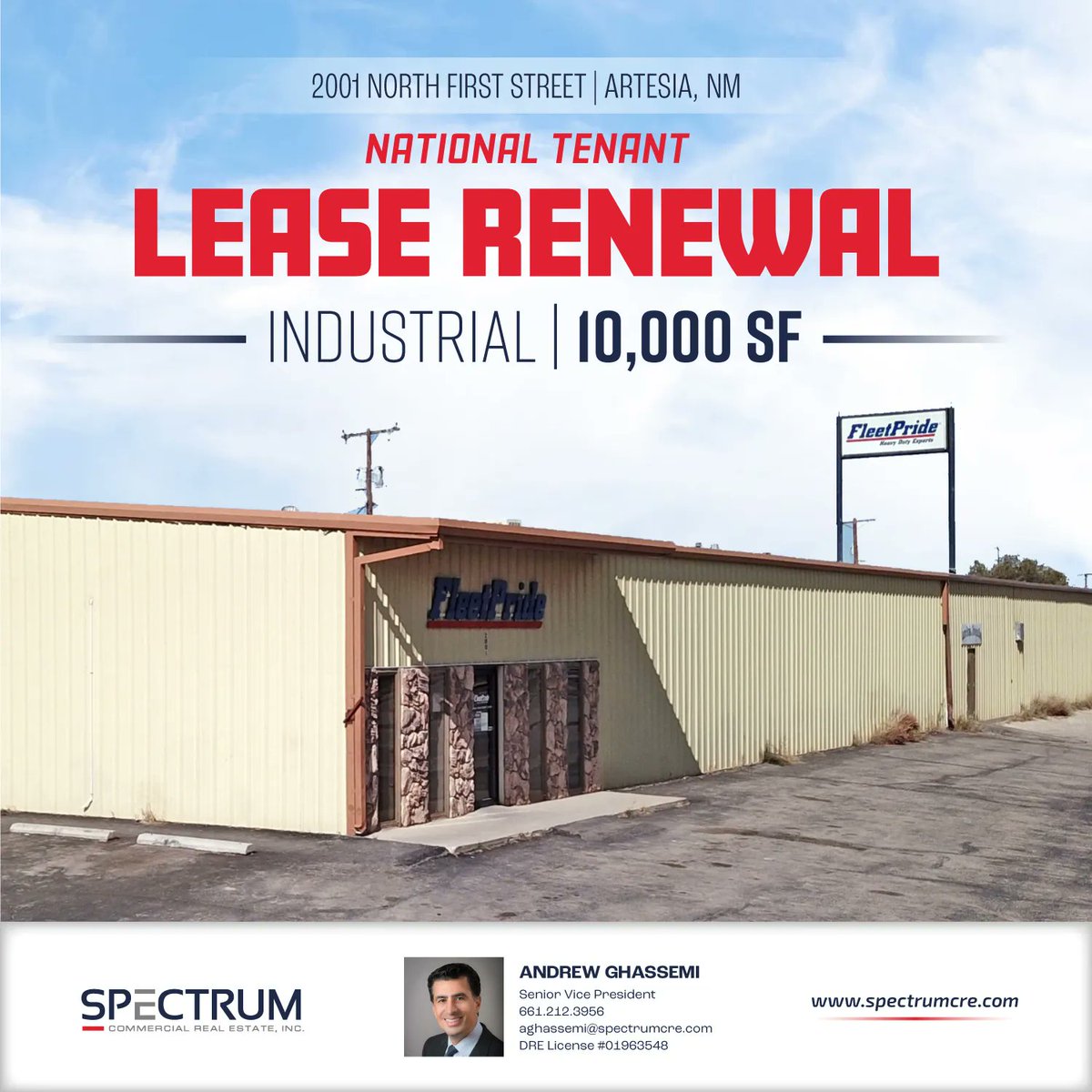 #LEASERENEWAL: 10,000 SF #Industrial building in Artesia, NM.  #Congratulations Andrew Ghassemi!
.
.
.
#SpectrumCRE | #CRE |  #CommercialRealEstateBrokerage | #ArtesiaNM | #Leased | #RealEstateNews | #CommercialRealEstateAgents | #CREAgent | #Broker | #Tradedla |