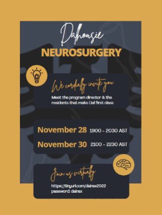 📣 ATTN #MedTwitter Medical Students interested in #Neurosurgery:

Mark your calendars for <a href="/DALsurgresearch/">DAL Surgery Research</a> <a href="/DalhousieU/">Dalhousie University</a> #CaRMS neurosurgery virtual open house sessions coming soon!

Save the link:  tinyurl.com/dalnsx2022

<a href="/gpsforthebrain/">Dr. Gwynedd Pickett @gpsforthebrain.bsky.social</a>