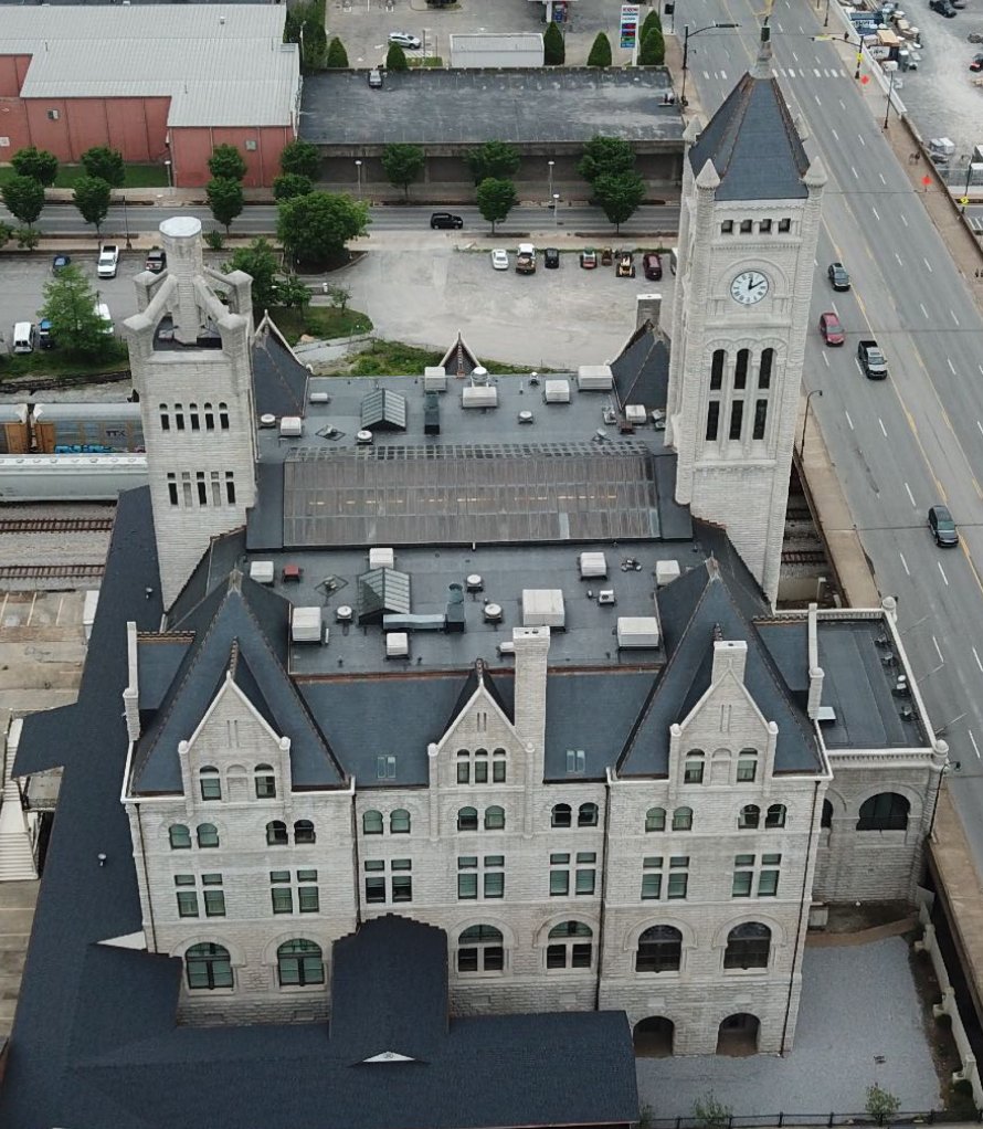 Proud artisans of the historic roof at the Union Station Hotel. Slate, EPDM re-roof, Copper flashing and decorative pieces. All copper is made to replicate the original galvanized metal and produced in-house in our sheet metal shop. #historicroofing #slateroofing #copperflashing