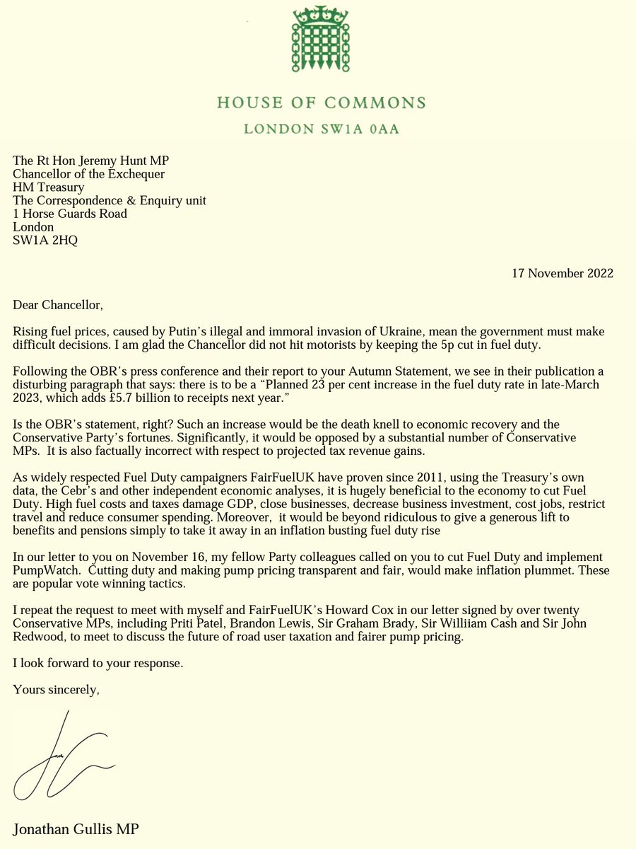 See MP Jonathan Gullis letter to @Jeremy_Hunt asking clarification to @OBR_UK's claim #FuelDuty is to rise 23% in March23 not mentioned in #autumnstatement2022 - Is this just the 5p 2022 cut going back on?  @LiamHalligan @darrengrimes_ @Nigel_Farage @talktv @GBNews @jkyleofficial