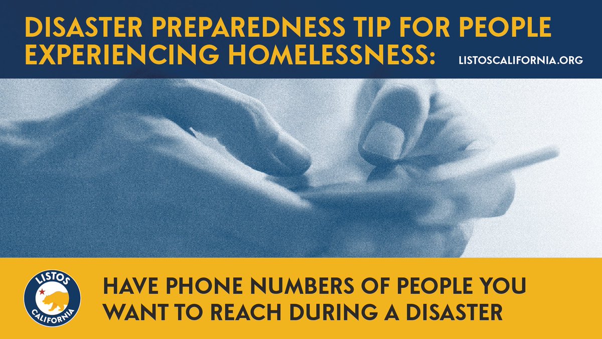 ListosCA's tweet image. Everyone can prepare for natural disasters.​
Listoscalifornia.org has tips for all Californians!​ 

Have phone numbers of people you want to reach during a disaster -
📲 Take a screenshot on your phone ​
🧠 Make a mental note​
✍️ Write it down​
​#HungerAndHomelessAwarenessWeek