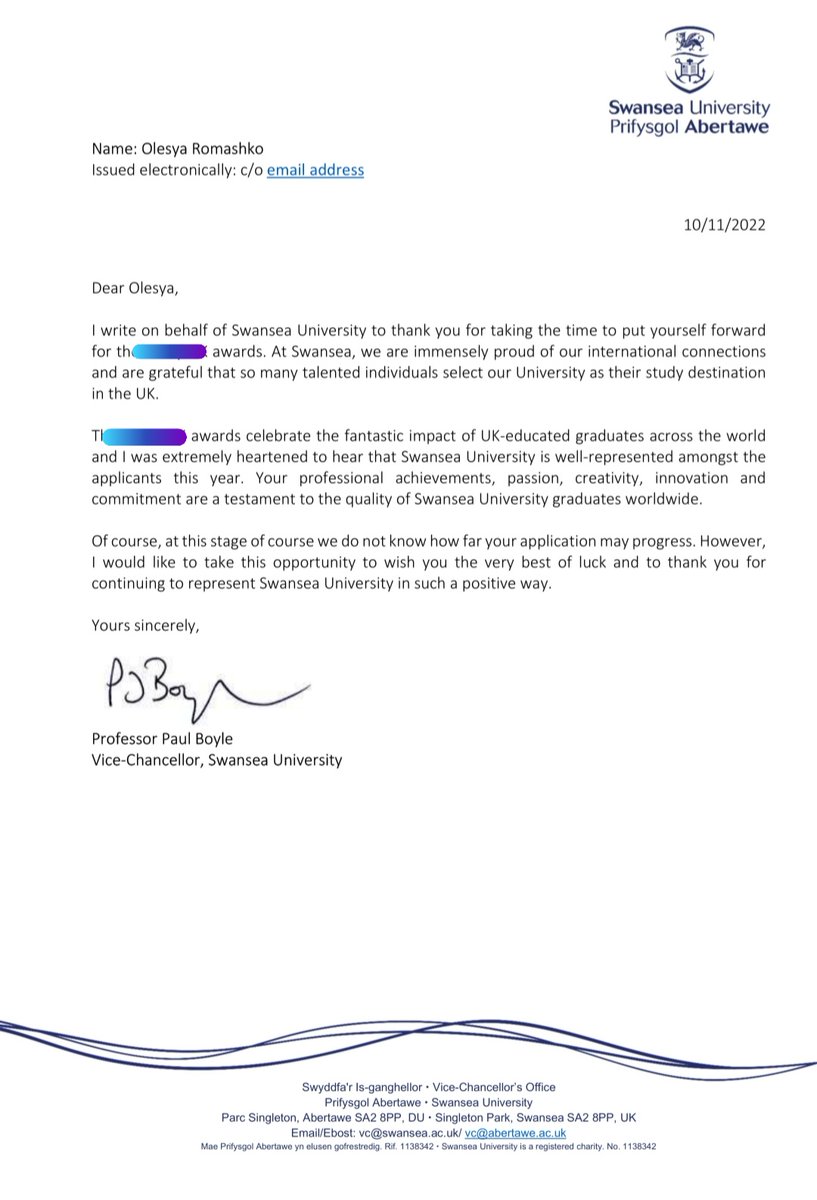 OlesyaRomashko's tweet photo. When your Uni recognises you &amp; even after graduation keeps in touch. I appreciate @MyUniSwansea &amp; if you think of gaining BA, MA or PhD choose Swansea University! The place where you matter❤ @SerbinovichY @DrYanWu @SianRees4 @rich_thomas99 @DrRhys @Swansea_Alumni https://t.co/iIkBScChWc