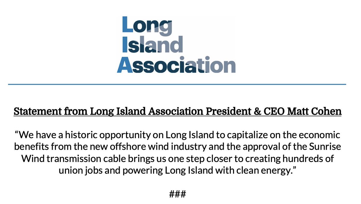 Statement from LIA President &amp; CEO <a href="/MattCohenLI/">Matt Cohen</a> on the NYS Public Service Commission approval of the <a href="/SunriseWindNY/">Sunrise Wind</a> transmission cable