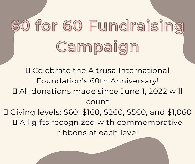 AltrusaFdnInc's tweet photo. Help us celebrate the 60th anniversary of Altrusa International Foundation 🎉! In honor of this milestone, we ask you to make a contribution in the amount of $60, $160, $260, $560, $860 &amp; $1,060 for our 6 of 60th giving campaign. 
Click here to donate: https://t.co/xYtOkXdSNv https://t.co/1jOqKflADA